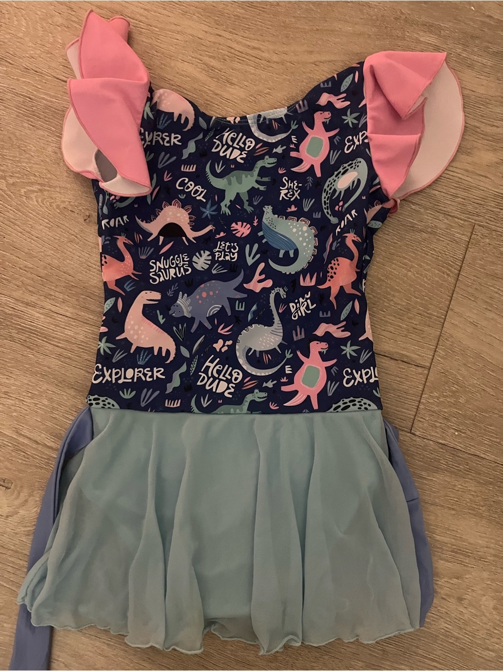 Girls' Navy Dinosaur Dance Costume with Pink Flutter Sleeves